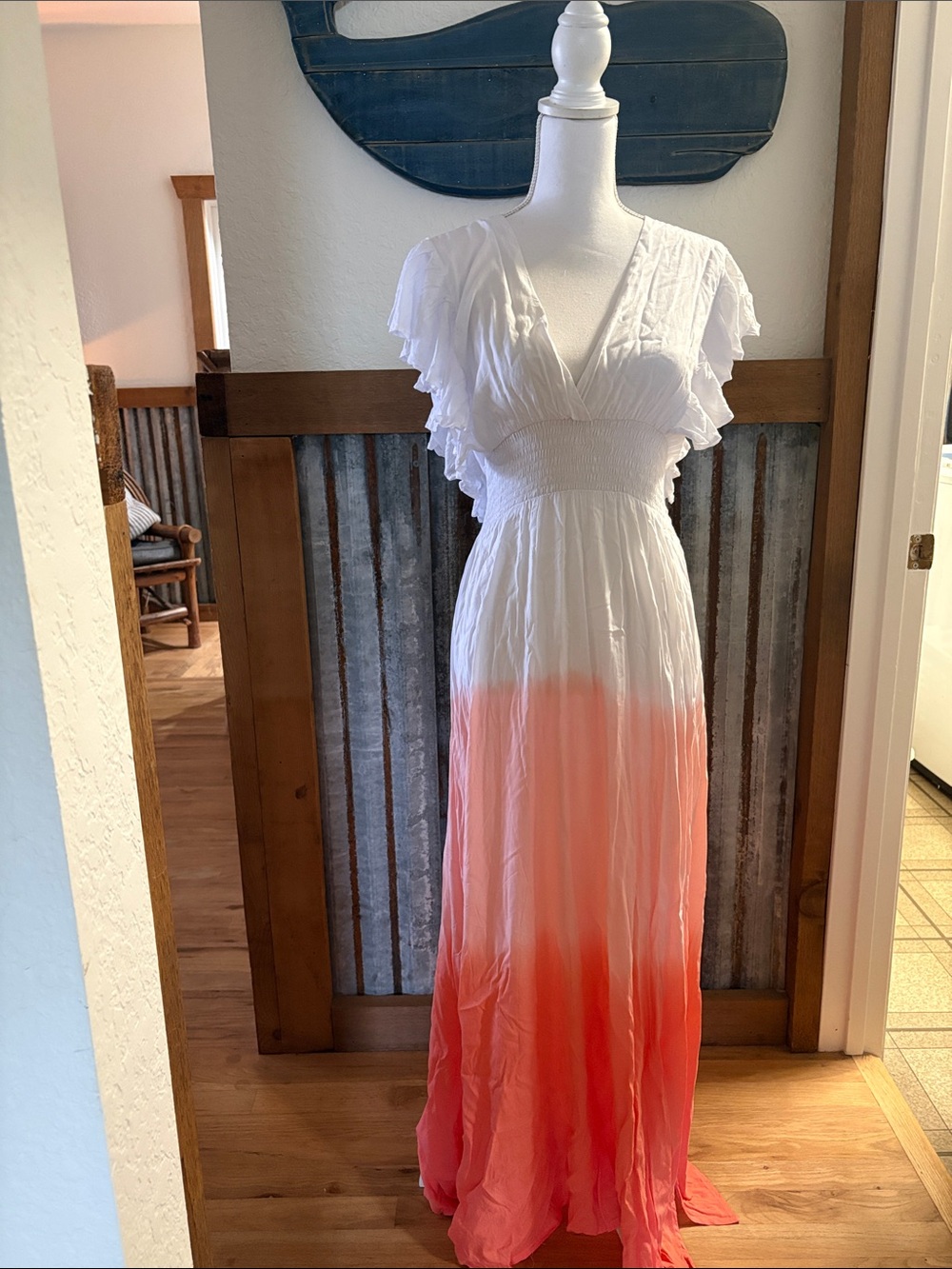 Tiare Hawaii White to Coral Ombre Maxi Dress with Flutter Sleeves